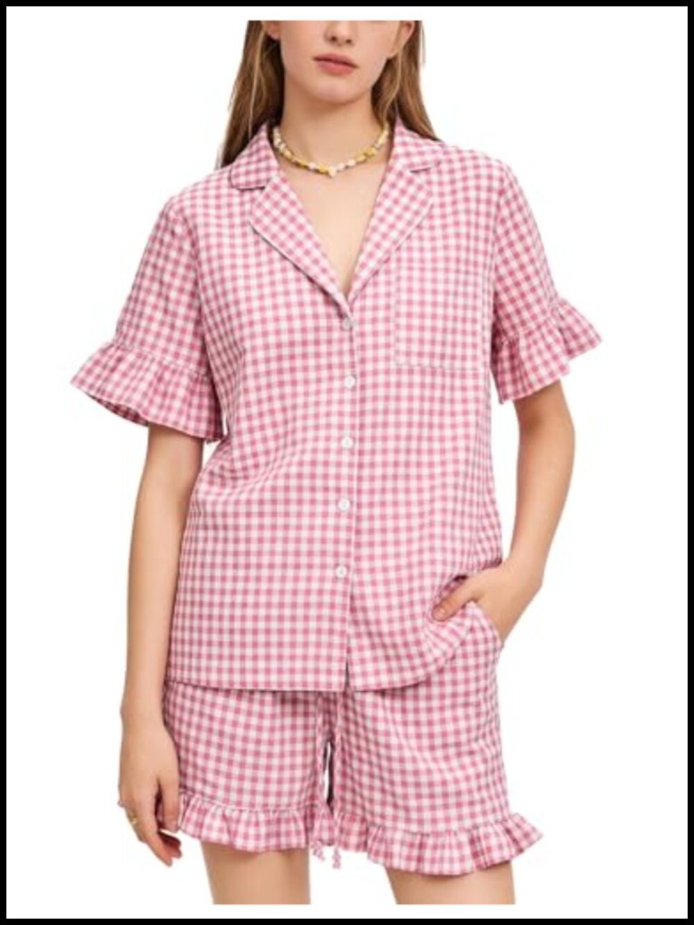 Womens 100% Cotton Gingham Pajama Set Ruffle Short Sleeve Button Down Shirt